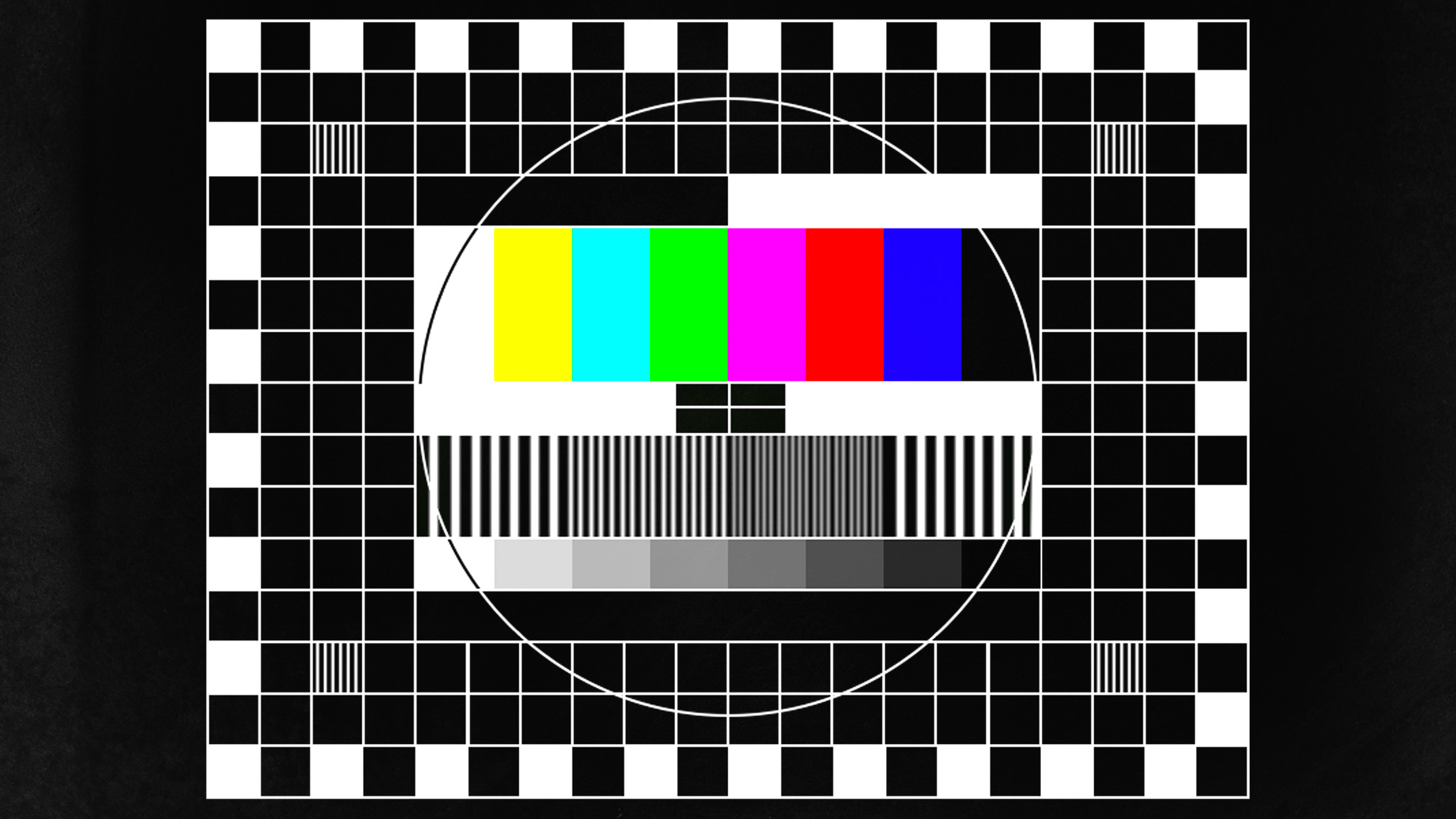 Colour test card used by BNT from the early-1970s until the 1990s — rainbow squares over a white circle over zebra stripes over a white and black grid