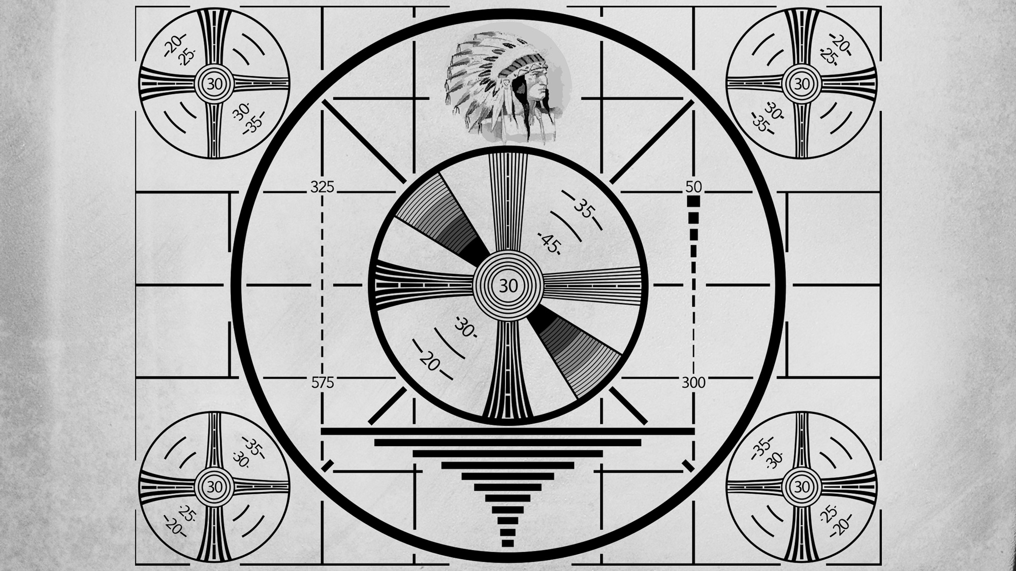 the RCA indian-head test pattern showing a Native American wearing a headdress surrounded by strange circles and grids in black on top of an old tv screen texture