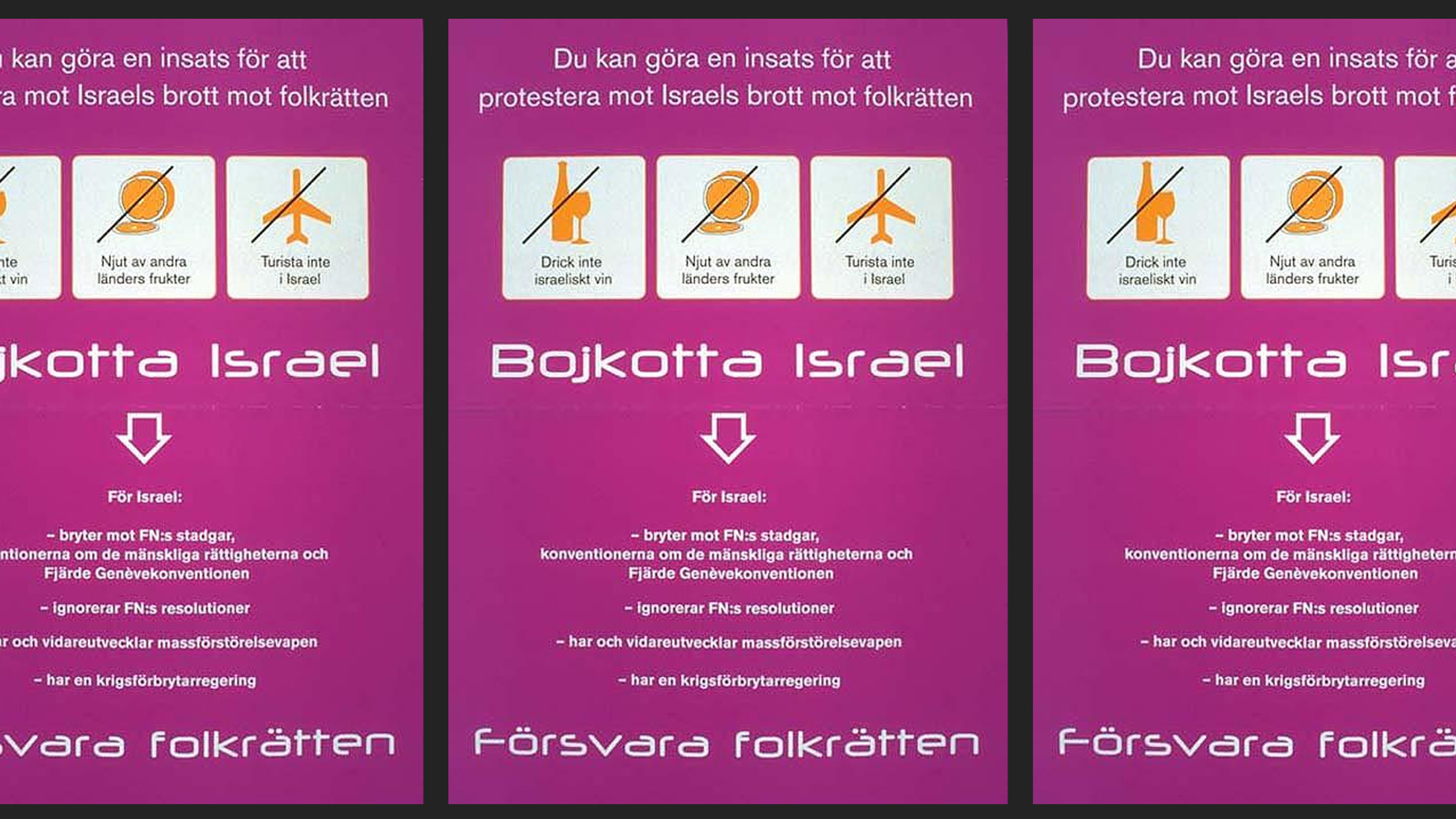 Försvaret Folkrätten or Defense of the People's Law, A Swedish BDS poster, 2004 via Palestine Poster Project Archives