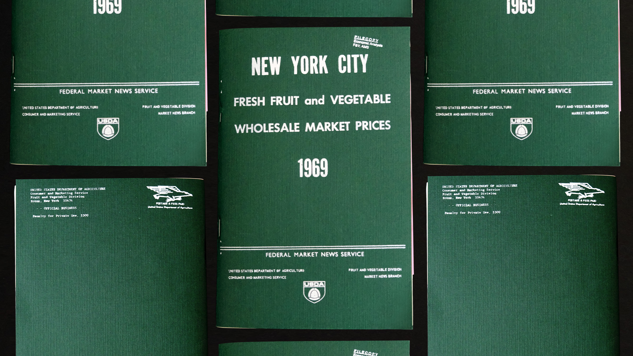 A green zine is seen in a repeating grid pattern on a black background, the zine title says NEW YORK CITY 1969 Fresh Fruit and Vegetable Wholesale Market Prices 1969