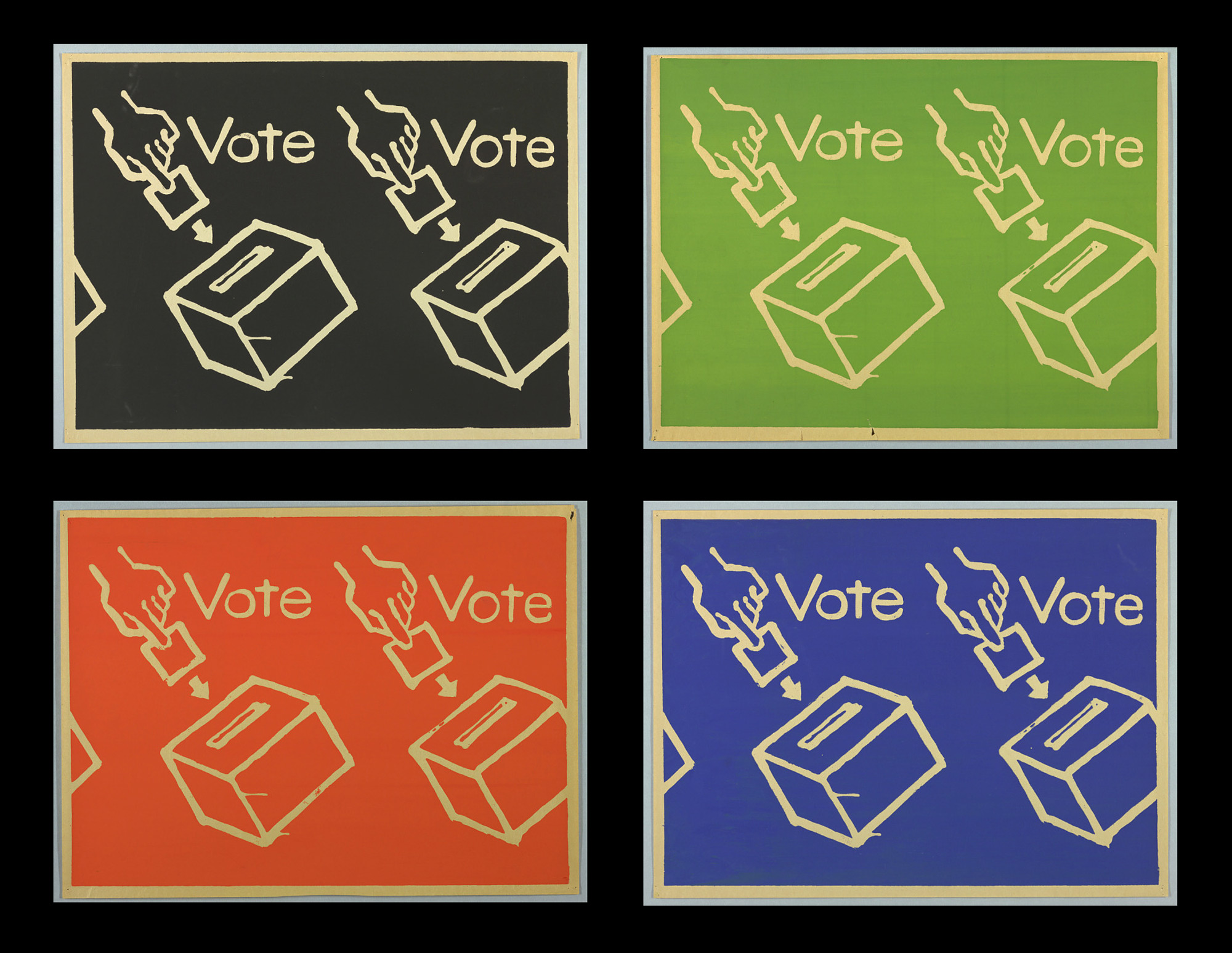 Two hands inserting ballots into ballot boxes are shown. The word "Vote" appears at the right of each hand. The words and images appear in cream against a black background.