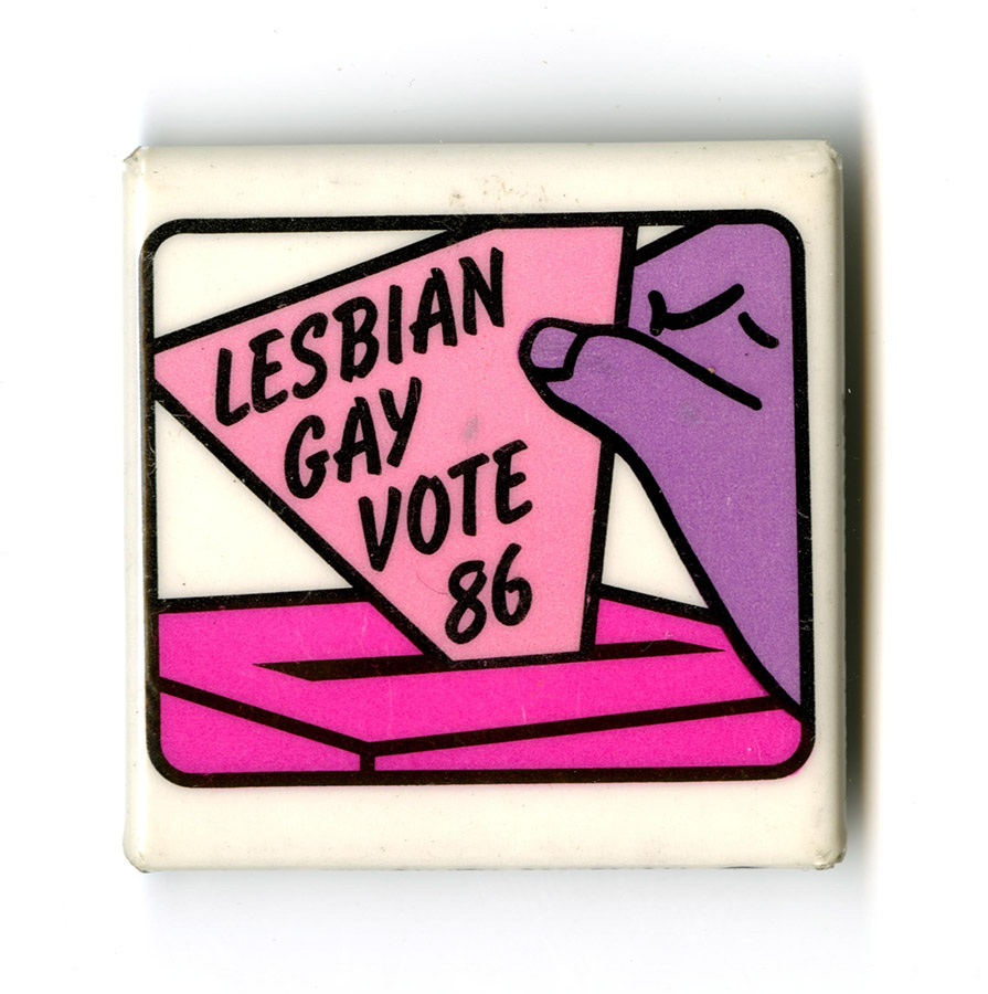 A square white button with a purple hand placing a pink triangle that says lesbian gay vote 86 into a pink box