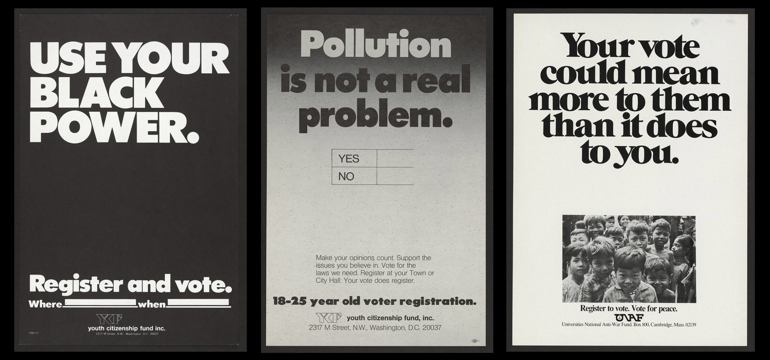 three typographically strong black and white posters from the youth citizenship fund in 1972 calling on young people to vote