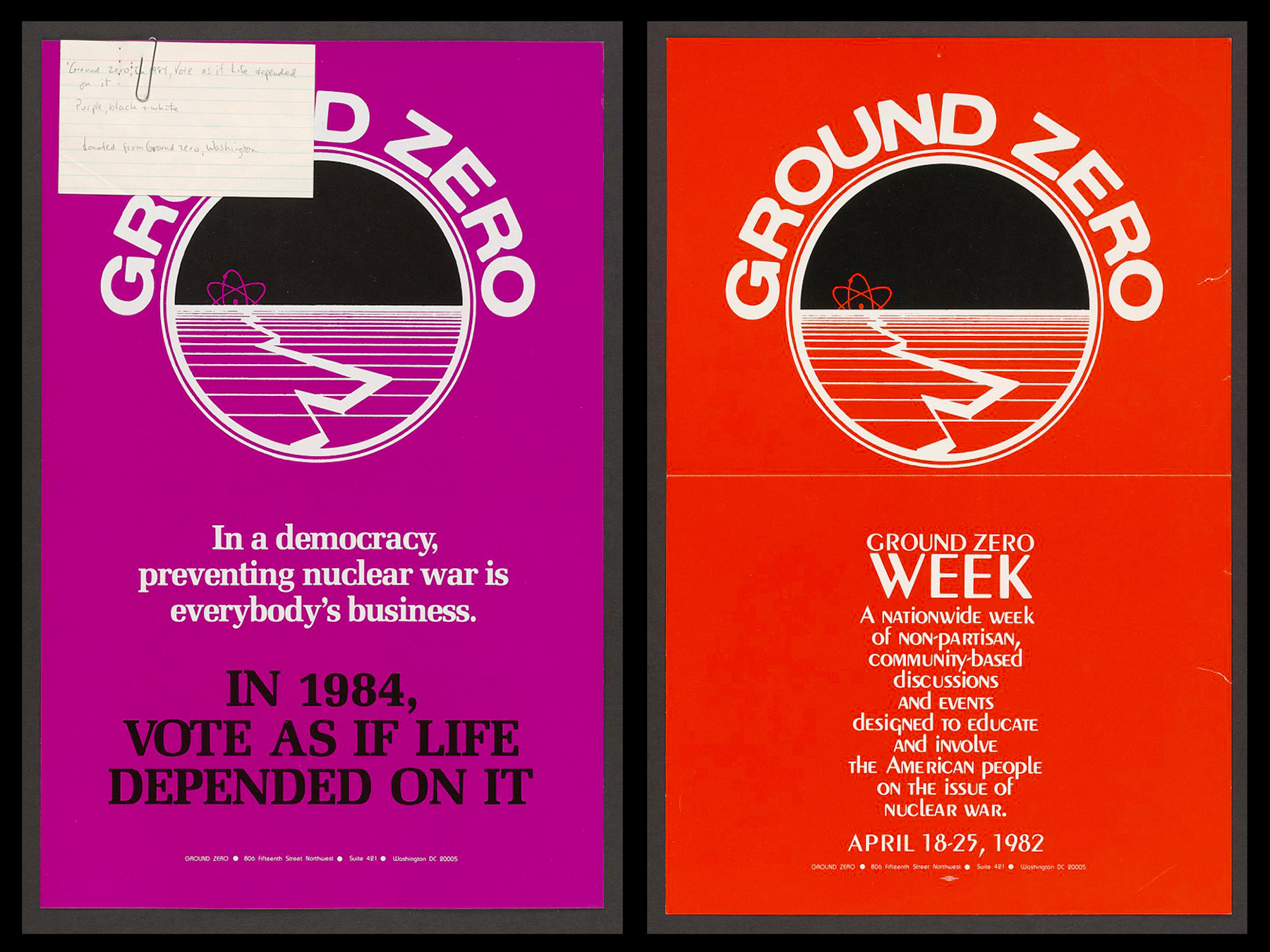 Two purple and orange anti-nuclear war poster created by Ground Zero.