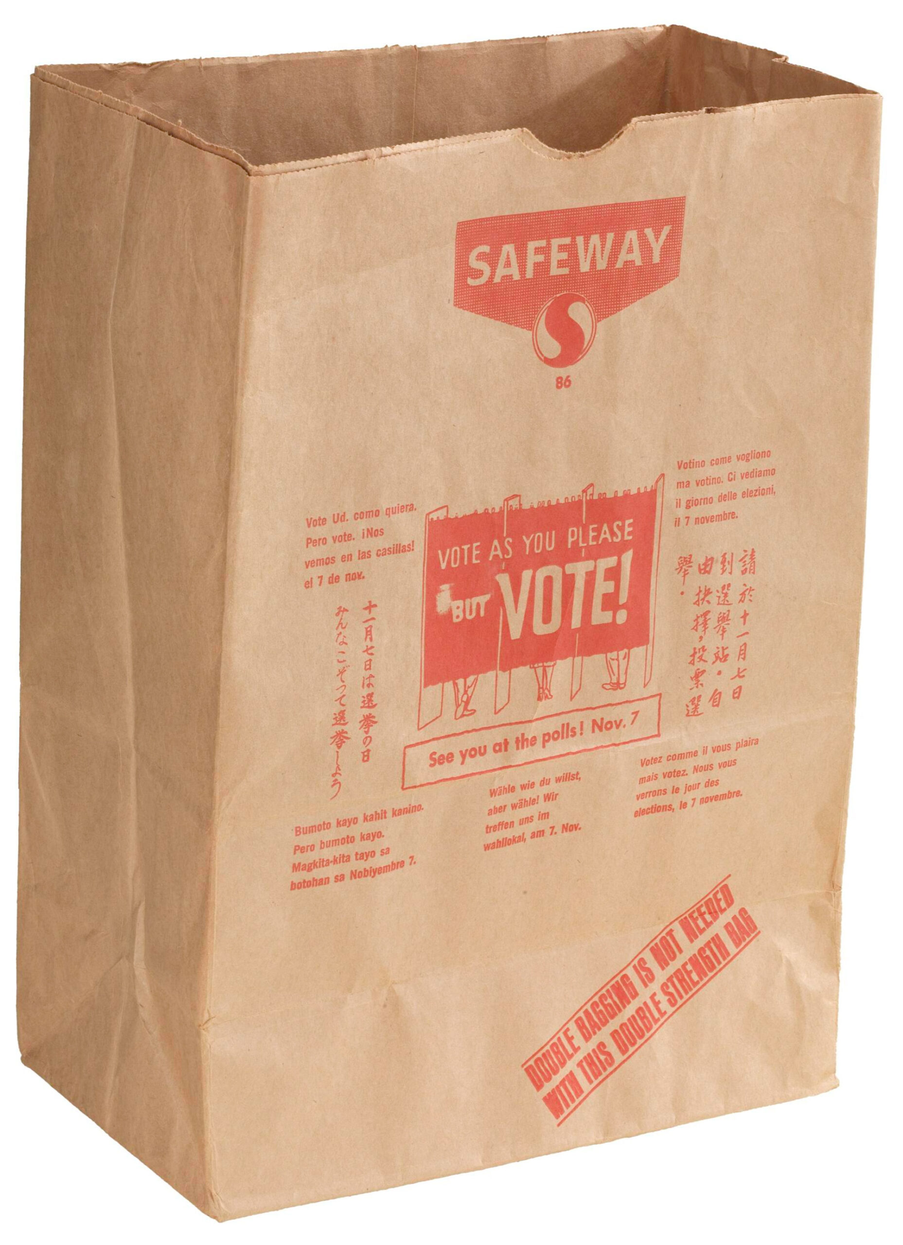 A large brown paper shopping bag from 1976 has the safeway logo in red and below appeals to the shopper with red block text that says vote as you please but vote