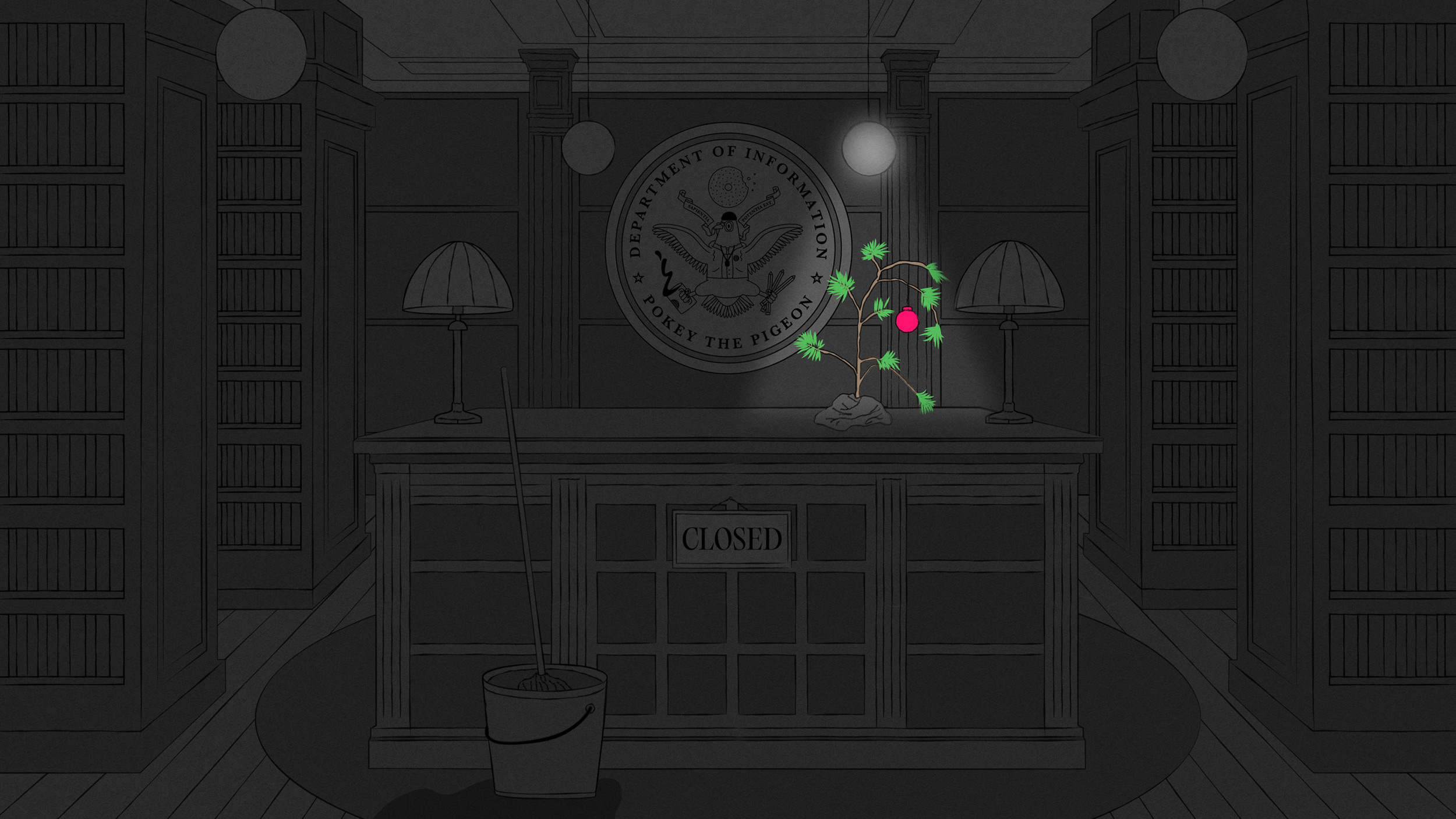 A darkened and gray illustration of the lobby of the Department library with a colorful but scrawny holiday tree illuminated on the desk