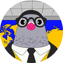 Pokey the Pigeon looks down at the viewer from his basement office, wearing thick black glasses, a black tie, white shirt, pullover black hoodie, and a black beanie