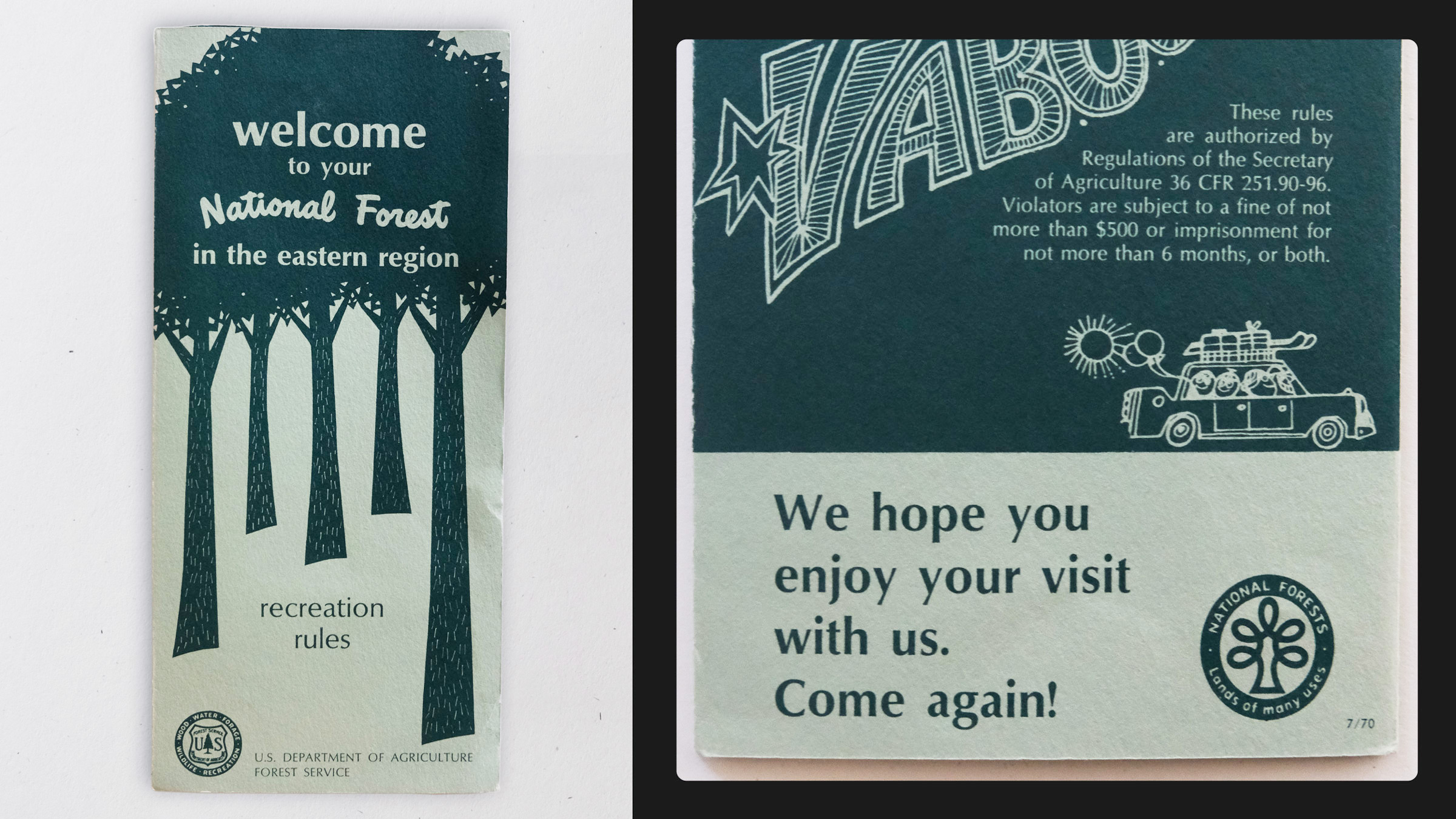 A vintage Forest Service pamphlet in green and white says "We hope you enjoy your visit with us. Come again!"