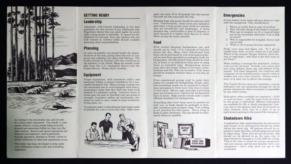 A vintage Forest Service fold out pamphlet is seen with blocks of text and some illustrations of people planning a backpacking adventure