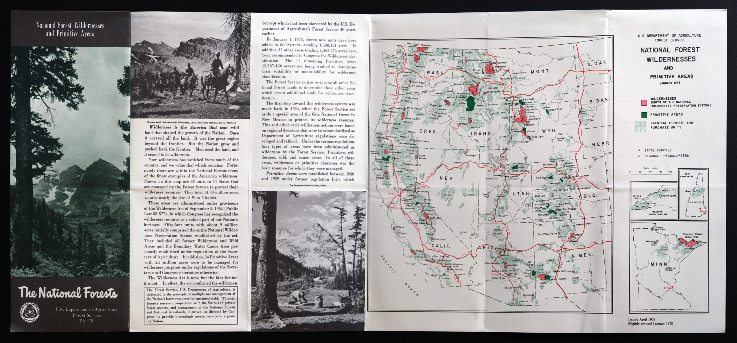 A vintage Forest Service fold out pamphlet in black and white shows blocks of flowing text and photos of campers in the wilderness as well as a large map area of the western u.s.