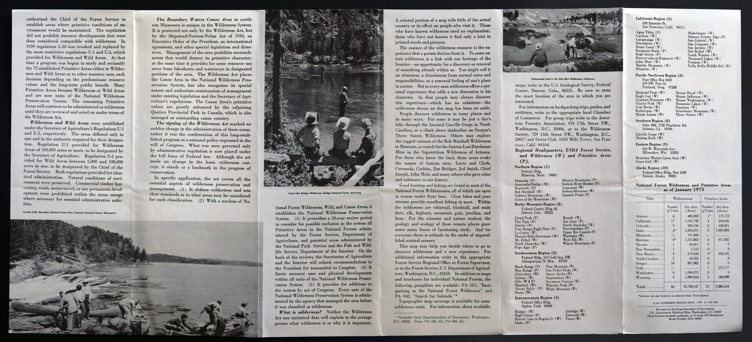 A vintage Forest Service fold out pamphlet in black and white shows blocks of flowing text and photos of campers in the wilderness