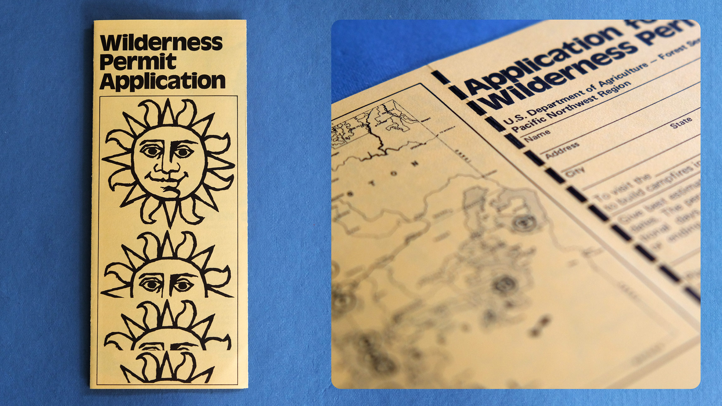 A vintage forest service pamphlet in sunshine yellow shows multiple vertically stacked smiling sun illustrations with the text "wilderness permit application" above