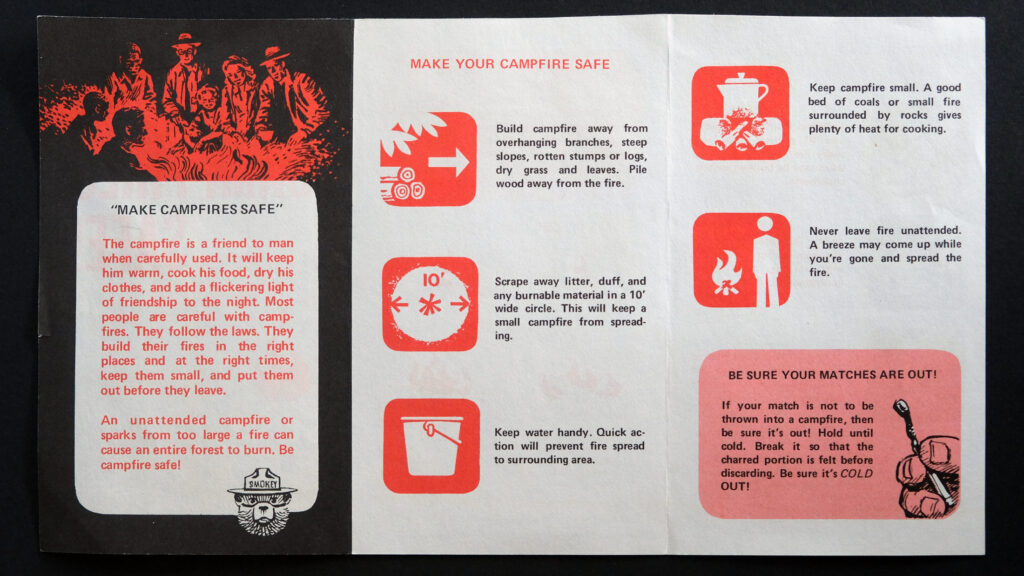 A black, white, and orange vintage Forest Service pamphlet shows an illustration of campers sitting around a fire and then has five icon illustrations of different fire safety tips