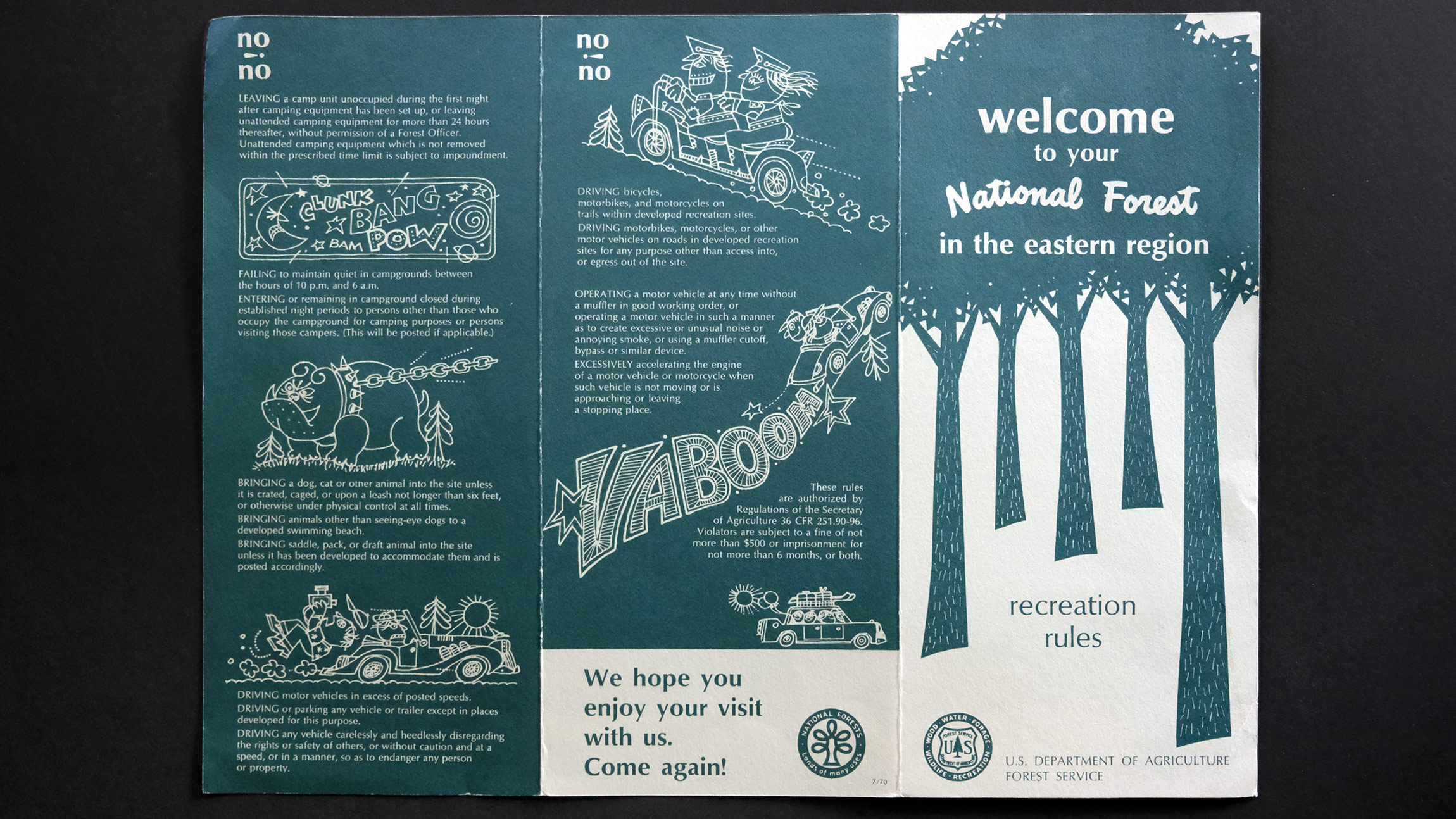 A vintage Forest Service foldout pamphlet in forest green and white shows three panels of elaborate illustrations of people doing questionable activities in national forests like letting their dog loose and driving up a mountain