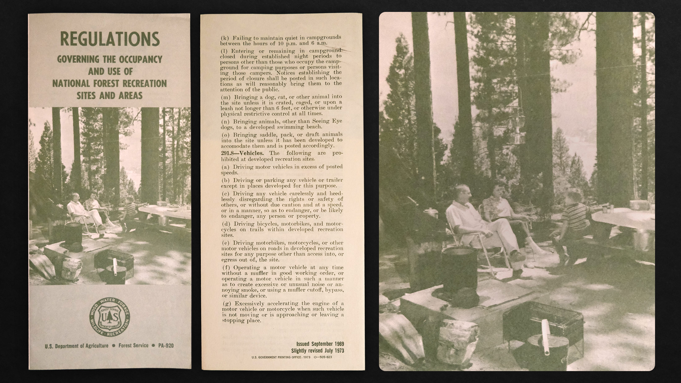 A vintage Forest Service pamphlet reads "Regulations governing the occupancy and use of national forest recreation sites and areas" and shows a family camping in the woods